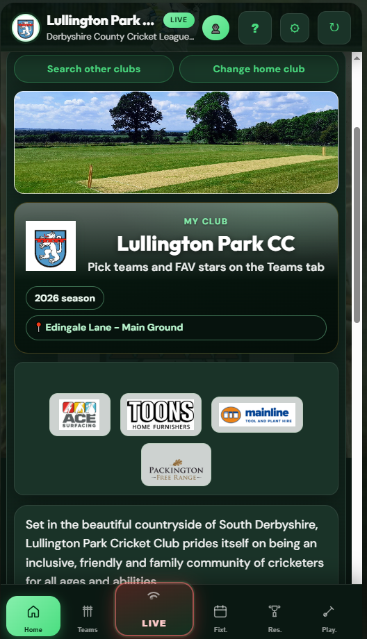 Cricket Local home club screen for Lullington Park CC